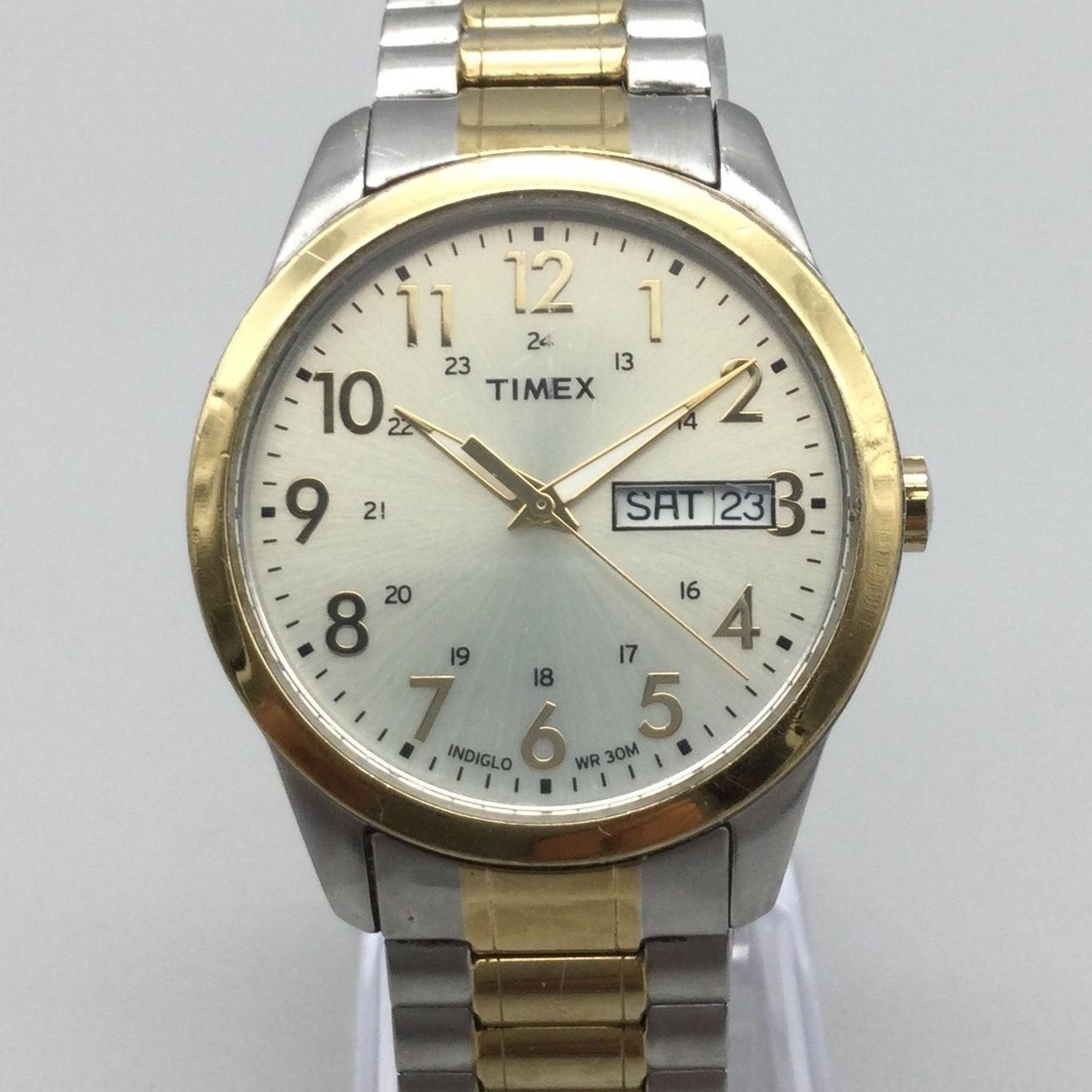 Timex Indiglo Mens Watch 36mm Silver Gold Two Tone Stretch Day