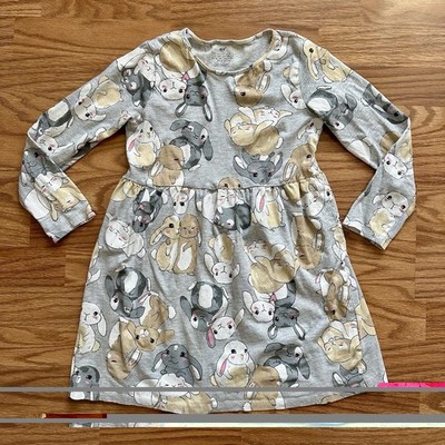 H&M Girls Size 8-10 Long Sleeve Dress Easter Spring Baby Bunnies Gray Cotton EUC