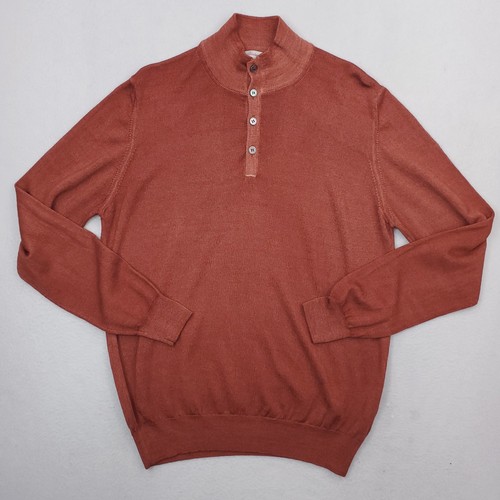 Gran Sasso, Vintage Gran Sasso Sweater Men Large Size 52 Orange Wool Quarter Button Pullover