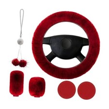 6 PCS Fluffy Steering Wheel Covers Set, 15 Inch Soft Steering Wheel Wine Red