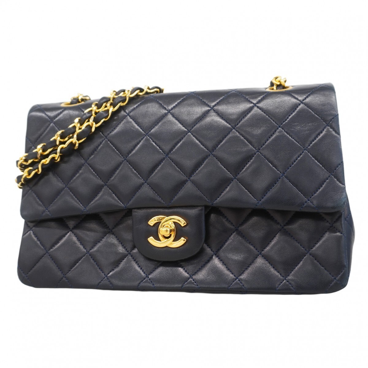 Chanel Navy Lambskin Matelasse Shoulder Bag with W Chain 587195