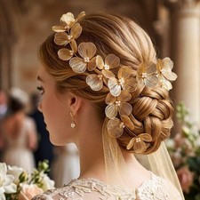 Gold Bridal Wedding Flower Hair Vine Pearl Headband Womens Bride Accessories