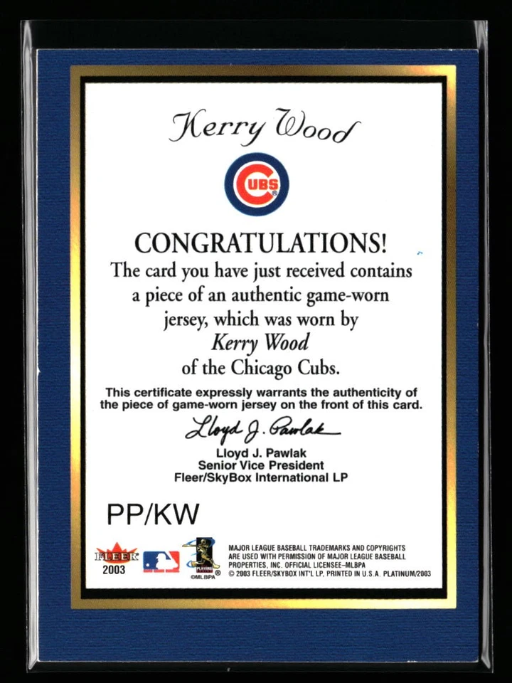 2003 Fleer Platinum Kerry Wood Platinum Portraits Game-Used Jersey Chicago Cubs - Image 2 of 2