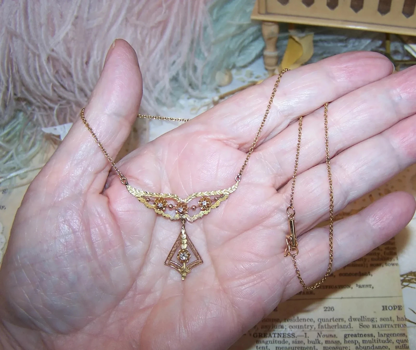 Antique Edwardian 14K/10K Gold .16CT TW Diamond Filigree Pendant Necklace