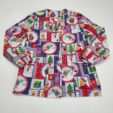 White Cross Long Sleeve Christmas Scrub Top 2-Pocket Button Up Snowman Teddybear