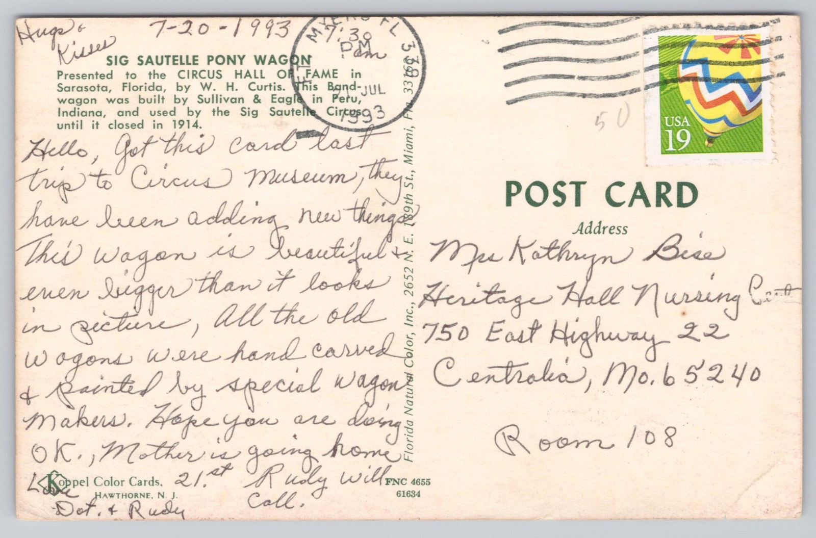 Postcard Sig Sautelle Pony Wagon Circus Hall of Fame Sarasota, Florida