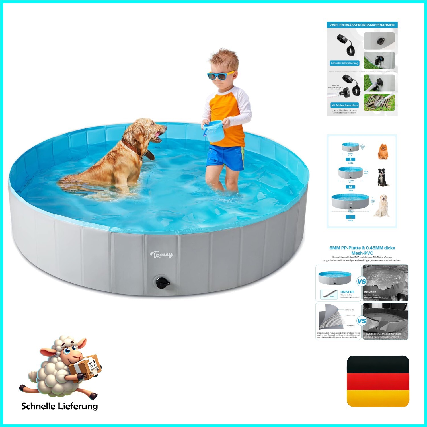 Piscina Plegable para Perros Grandes y Pequeños, 160 cm, 100% Ecológica