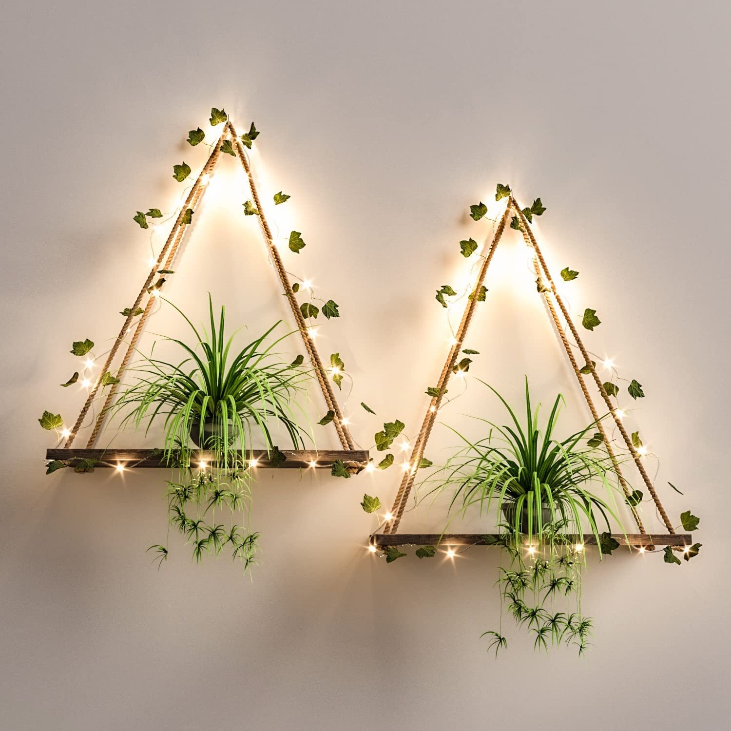 Artificial LED-Strip Wall Hanging Shelves Macrame Wood Plant Shelves Décor