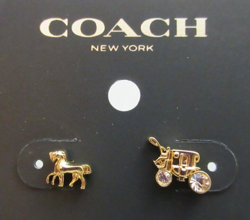 COACH Signed Horse & Carriage Pierced Earrings Gold Tone On Original Card F77695
