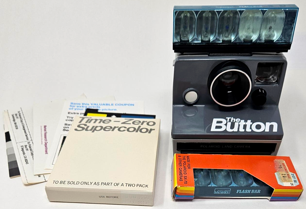 The Button Polaroid Land Camera 1980 Manual Film Pack, Montgomery Ward  Flash Bar