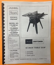 Operators Instruction Maint Owners Manual Craftsman 10" Table Saw 113.298142