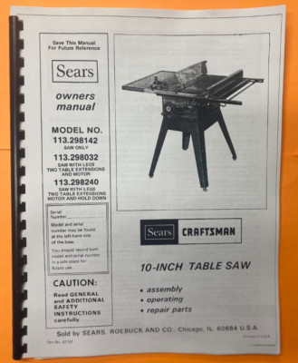 Operators Instruction Maint Owners Manual Craftsman 10'' Table Saw 113.298142