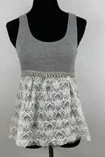 TWENTY ONE FOREVER 21 Gray Tank Top Lace Rhinestones Studded Tie Back Small