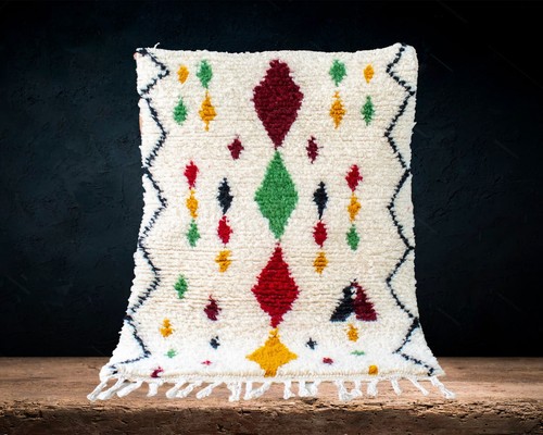Morrocan Rug Berber Geometric Multicolor Azilal Handmade Moroco Wool Beni Rug - Picture 2 of 10