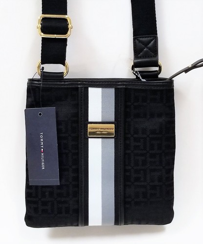 NEW TOMMY HILFIGER BLACK CANVAS+BLACK,WHITE,GRAY STRIPED,GOLD ACCENT CROSSBODY - Picture 4 of 9