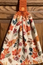 Double hanging kitchen towel Fall autumn leaves crocheted orange top