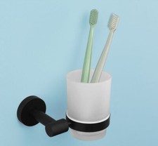 Wall-Mounted Toothbrush Holder with Frosted Glass Cup Set For Toothbrushes Black