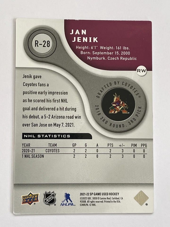 2021-22 Upper Deck SP Game Used Coyotes Jan Jenik Authentic Rookie /999 #R-28 - Image 2 of 2