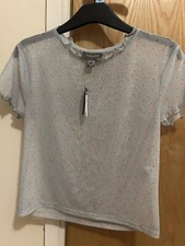 NEW with Tags Pale Pastel Blue Ditsy Floral top T-shirt Mesh Frill Size S 10/12
