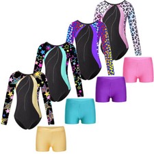 Kids Girls Sports Set Workout Tracksuit Exercise Leotard With Shorts Printed