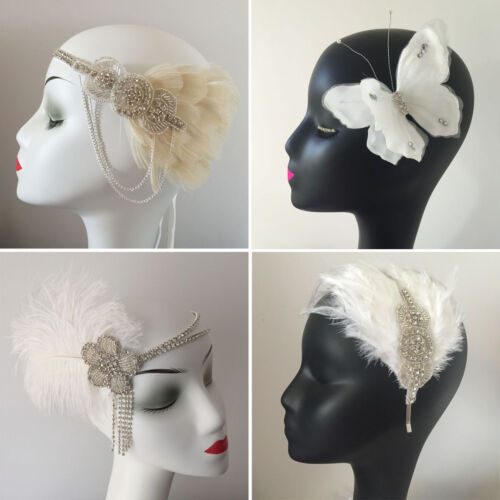 Ivory Feather Rhinestone Headband Head Dress Bridal Hair Clip Gatsby Wedding  - Afbeelding 1 van 73