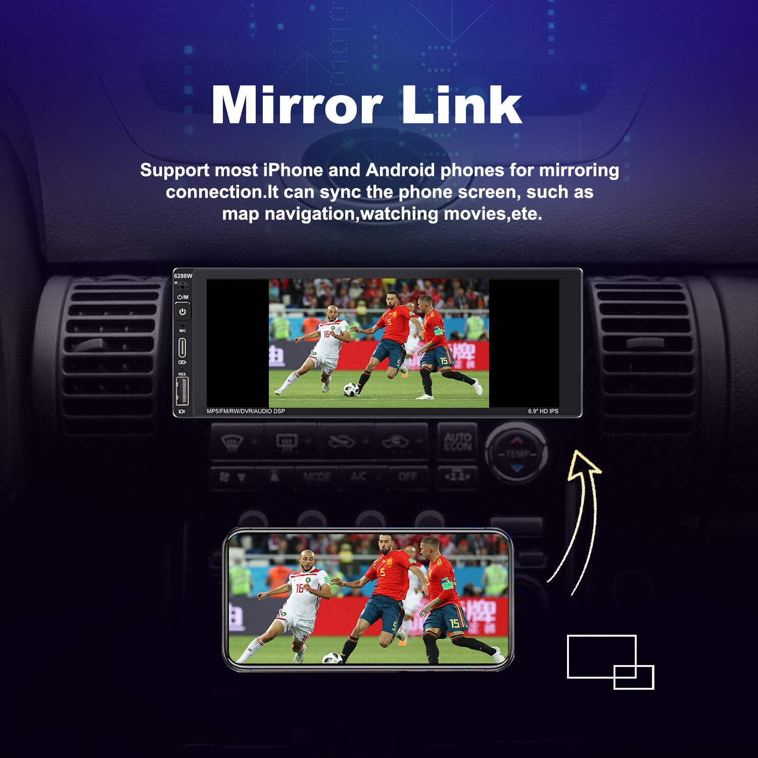 Single Din Car Stereo Wireless Apple CarPlay 6.9 touchscreen Bluetooth