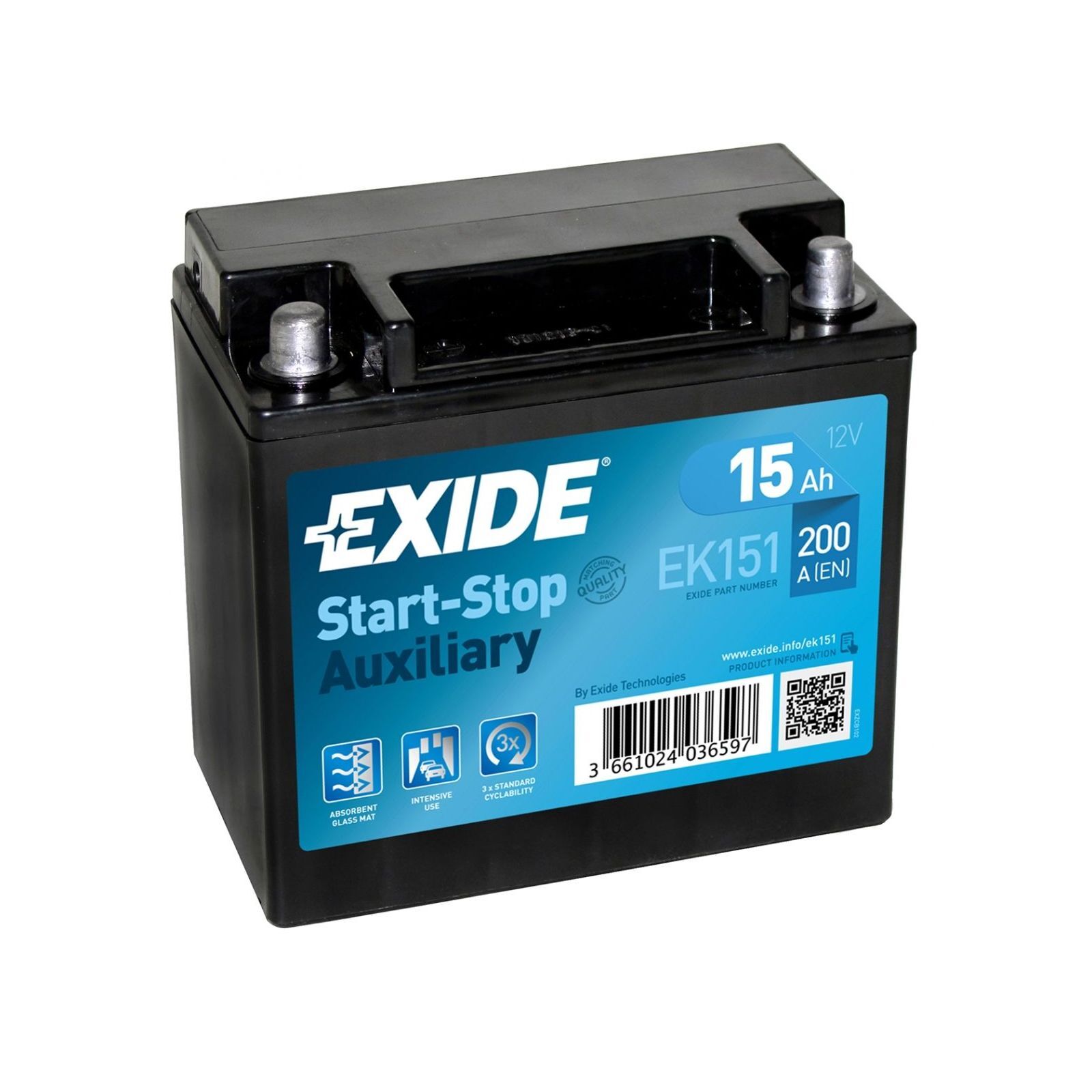 Car Battery EK151 Exide AGM Auxiliary Start-Stop 12V 15Ah 200CCA Type AGM151