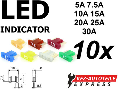 LED Micro Low Profile KFZ Mini Sicherungen, Set, 3A 5A 7,5A 10A 15A 20A 25A 30A
