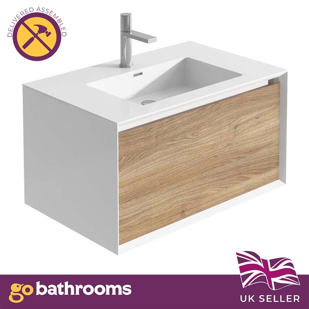 White & Oak Effect Bathroom Sink Unit Wall Mounted Vanity Unit & Sink