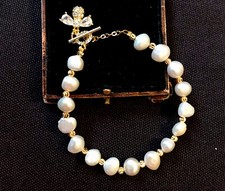 Vintage Style Gemstones And Natural Pearls Bracelet 14K Gold Plated