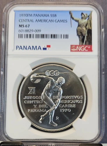 1970 PANAMA SILVER 5 BALBOAS CENTRAL AMERICAN GAMES NGC MS 67 SMOOTH LUSTER GEM