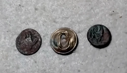 Three Civil War Relic poker chip buttons flattened, one Confederate Cavalry