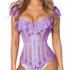 Daisy Corset Top Drawer Pastel Purple Sheer Lace Steel Boned Bustier Sleeves NWT