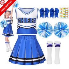 Girls Cheerleader Costume for Halloween, Cheer Uniform Outfit Kids 7-8Y, Blue