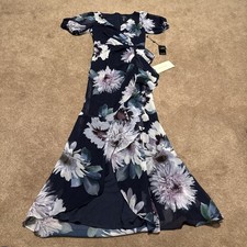 NEW Adrianna Papell Blue Maxi Floral Chiffon Dress Draped Ruffle Sz 2 V Neck