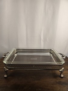 VTG Silver Plated Retangle Chafing Serving Footed Dish W/ Pyrex Glass Insert