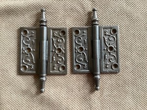 Antique Pair Ornate Victorian Steeple Tip Door Hinges 3” x 3”