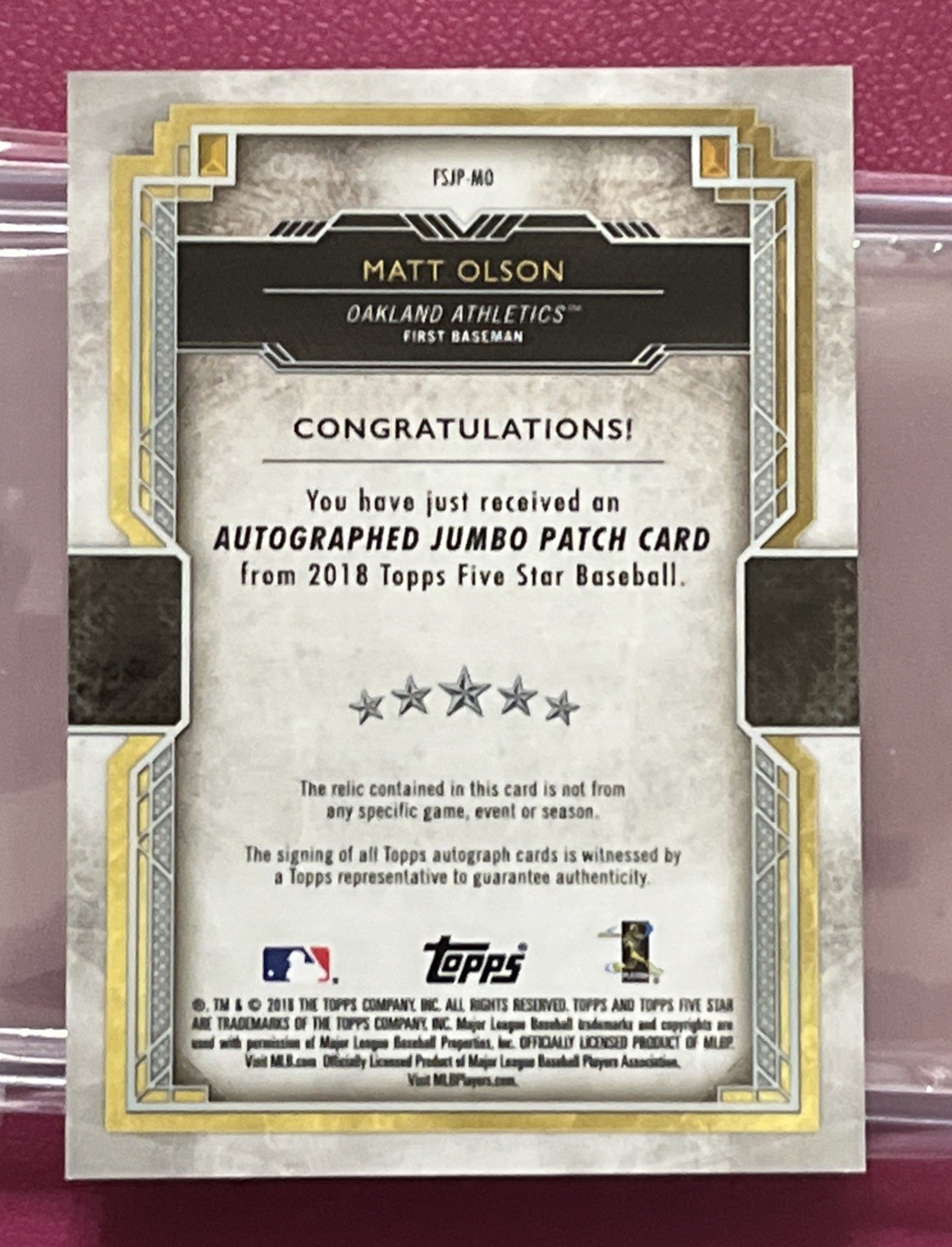 2018 Topps Five Star Matt Olson Auto 3 Color Jumbo Number Patch #14/25 Braves view 2