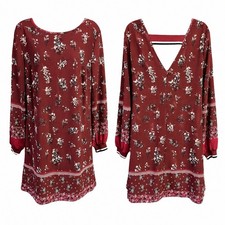 Maurice's Women's Floral Print Long Sleeve Dress Maroon Medium New BOHO Peasant