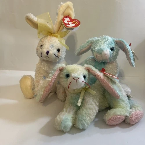 Lot Of 3 Ty Beanie Babies Bunnys Carrots Cottonball Spring With Tags VTG