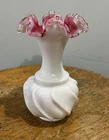 Fenton Pink Overlay Rib Ruffled Vase Milk Glass Vintage 6 Inch