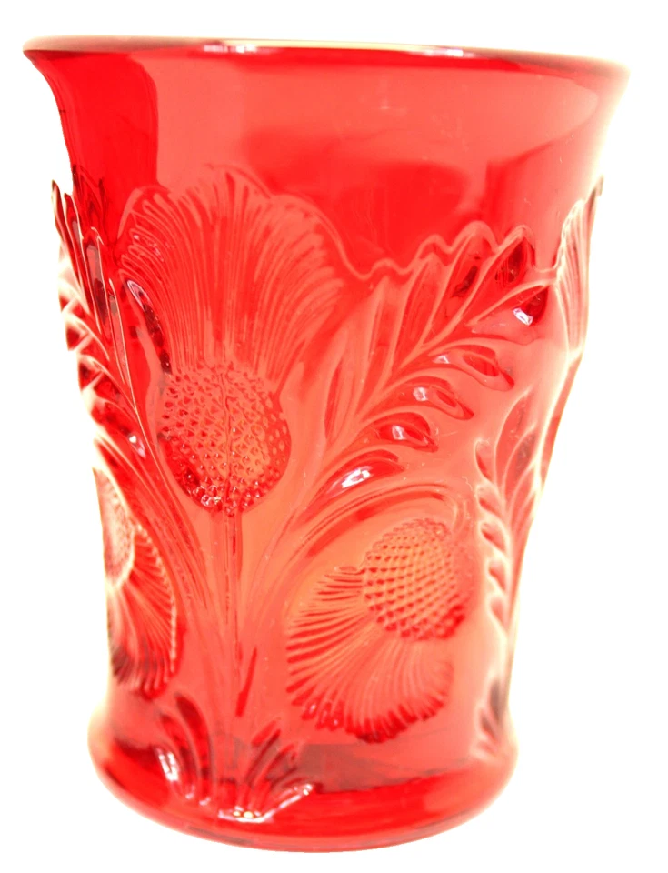 MOSSER RUBY RED GLASS PITCHER & (2) TUMBLERS INVERTED THISTLE PATTERN VINTAGE - Image 4 of 4