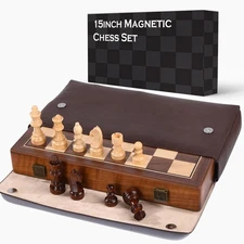 15'' Walnut Chess Set with Storage Board for Adults & Children, 2 Players