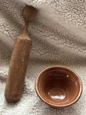 Vintage Wooden Butter Press & 5” Studio Pottery Bowl Set Primitive Farmhouse