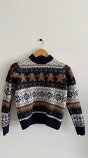 MONOPRIX Gingerbread Fair Isle Sweater 100% Wool Nordic Christmas Winter Cozy S
