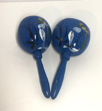 Vintage Mexican Maracas, Blue, Hand Painted, 8" long