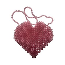 Vintage Y2K Pink Acrylic Beaded Heart Shaped Crossbody Bag Purse 7x7"