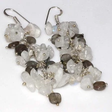 Beaded Grapes Rainbow Moonstone Fiery Labradorite Gemstone Earrings 3" GW