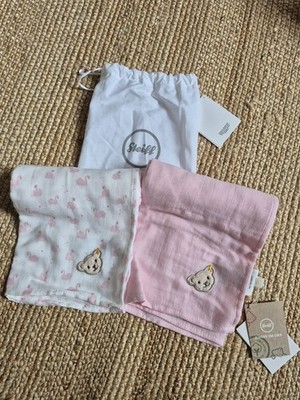 NEU 2er Set Steiff Spucktücher Mädchen Rosa Weiß Schwan Mulltuch 70x70 Cm NP 36 