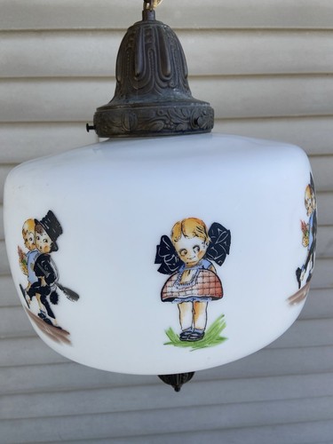 VERY UNIQUE VINTAGE LARGE HANGING LIGHT FIXTURE W/BOY & GIRL ON GLOBE - Picture 2 of 22